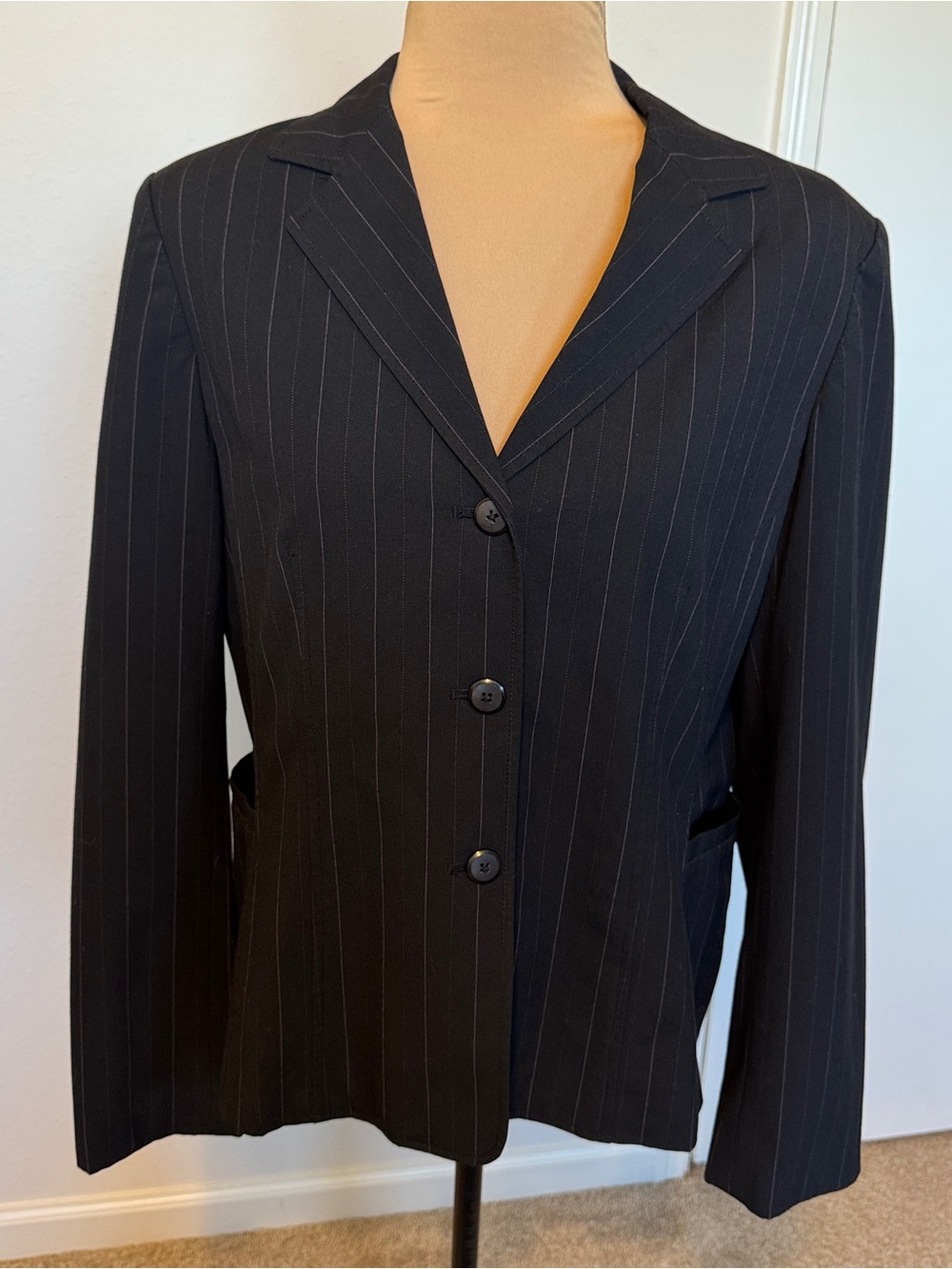 Rafaella Black Pinstripe Three-Button Blazer